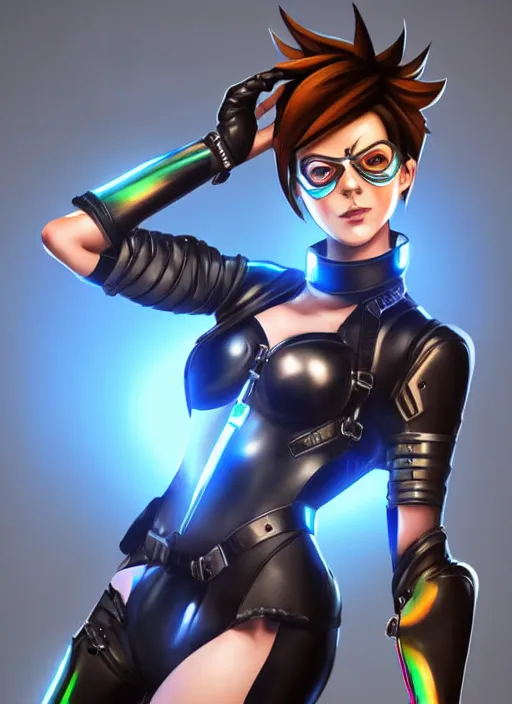 Image similar to full body digital artwork of tracer overwatch, wearing black iridescent rainbow latex, 4 k, expressive happy smug expression, makeup, in style of mark arian, wearing detailed black leather collar, wearing sleek armor, black leather harness, expressive detailed face and eyes,