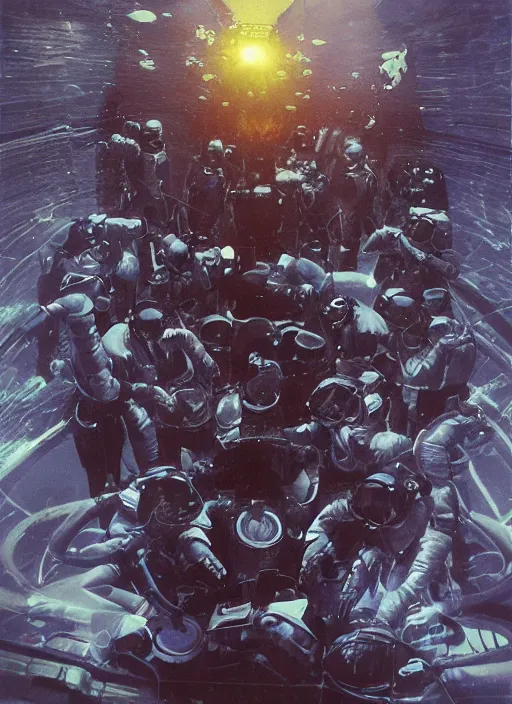 Image similar to astronauts in dark and empty void underwater - complex and hyperdetailed suit. reflection and dispersion materials. rays and dispersion of light. volumetric light. 5 0 mm, f / 3 2. noise film photo. flash photography. ultra realistic, wide angle. poster by wayne barlowe, hajime sorayama aaron horkey, craig mullins. polaroid.