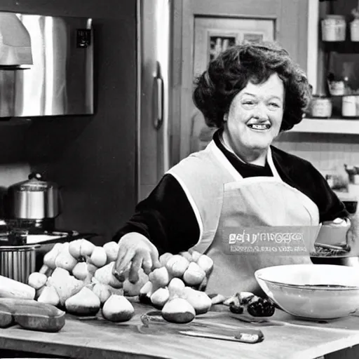 Prompt: color photo cooking show julia child making corndogs