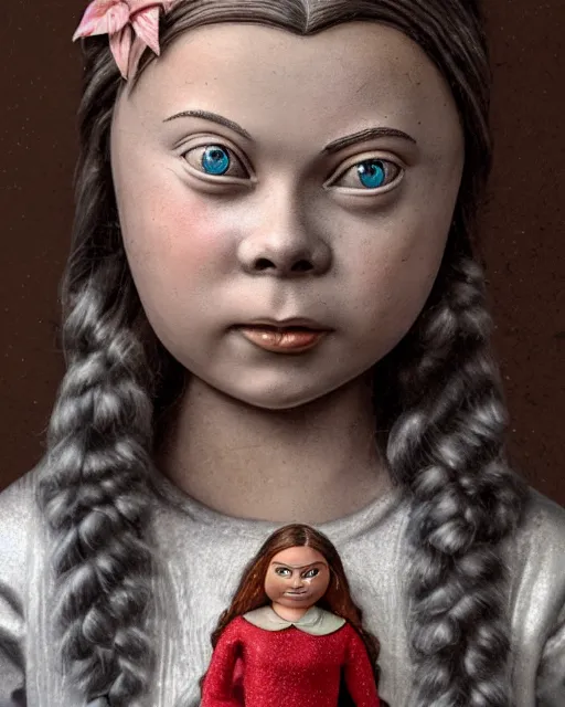 Image similar to closeup face profile portrait of greta thunberg as a tin toy 1 9 5 0 s prom queen, bikini, depth of field, zeiss lens, detailed and intricate environment, fashion photoshoot by nicoletta ceccoli, mark ryden, lostfish, breathtaking, 8 k resolution, artistic, hyperrealistic, octane render