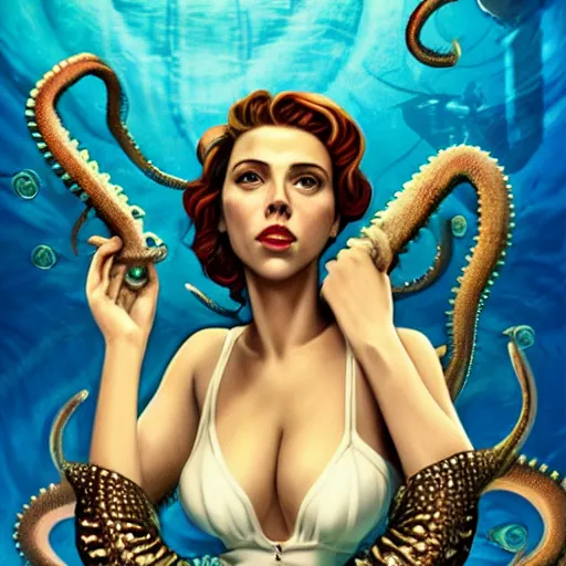 Prompt: lofi underwater bioshock portrait of scarlett johansson in swimsuit with giant octopus, Pixar style, by Tristan Eaton Stanley Artgerm and Tom Bagshaw.