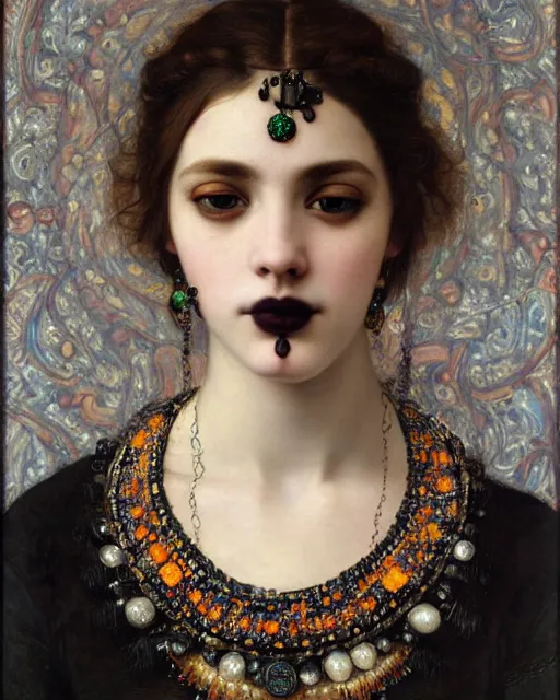 Prompt: a close up of beautiful girl with black lipstick wearing a intricate necklace surrounded by colourful intricate patterns, by edgar maxence and caravaggio and michael whelan, intricate painting, hyper realistic, extremely detailed and beautiful aesthetic face, 8 k resolution