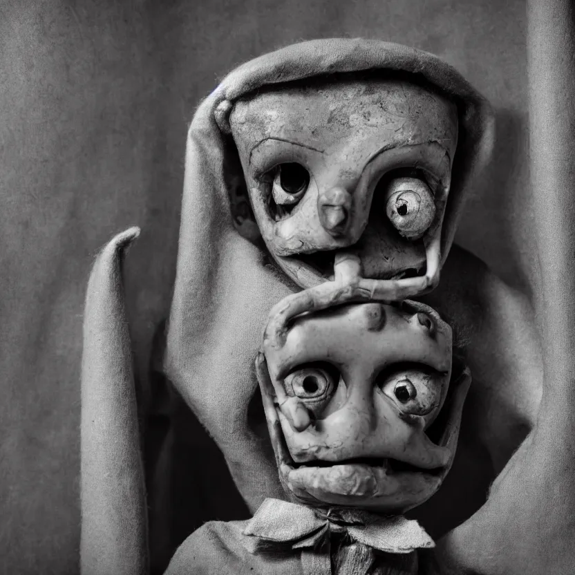 Image similar to creepy ventriloquist dummy in the style of roger ballen, 4 k, bw, portrait