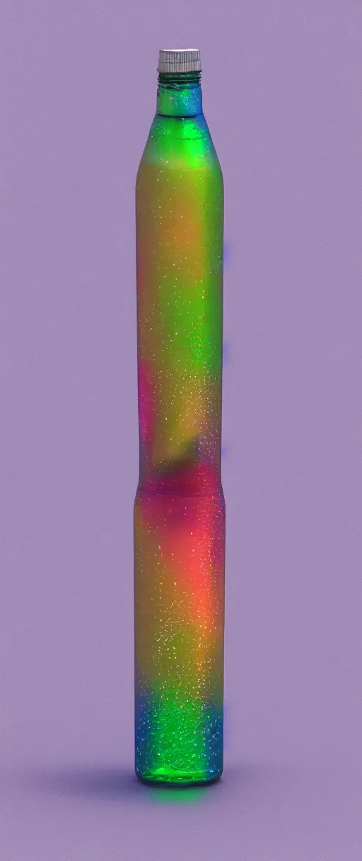 Image similar to a pearlescent soda bottle with condensation on the outside, vivid, rainbow, pearlescent, hyper realistic, octane render