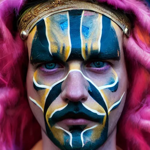 Image similar to an award finning closeup facial portrait by akseli kallen gallela luis royyo and john howe of a bohemian male cyberpunk traveller clothed in excessivelyg fashionable 8 0 s haute couture fashion and wearing ornate art nouveau body paint