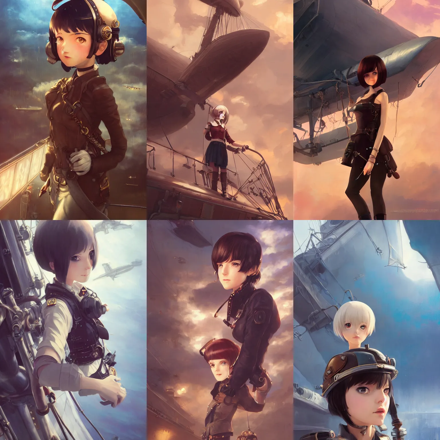 Prompt: a portrait of a cute female air pirate with black bob cut hair, leaning against the railing of an airship, steampunk setting, gears, steam, mist, vivid colors, soft lighting, atmospheric, cinematic, moody, in the style of Ilya Kuvshinov and Range Murata, Krenz Cushart, oil on canvas, 8k