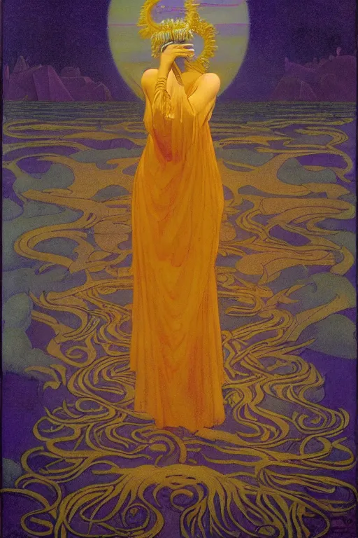 Image similar to queen of the night river, by Nicholas Roerich and jean delville and Maxfield Parrish, dramatic cinematic lighting , ornate headdress , lost civilizations, extremely detailed