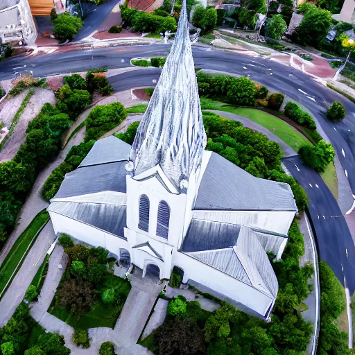 Prompt: Cathedral of shining crystal, aerial drone shot