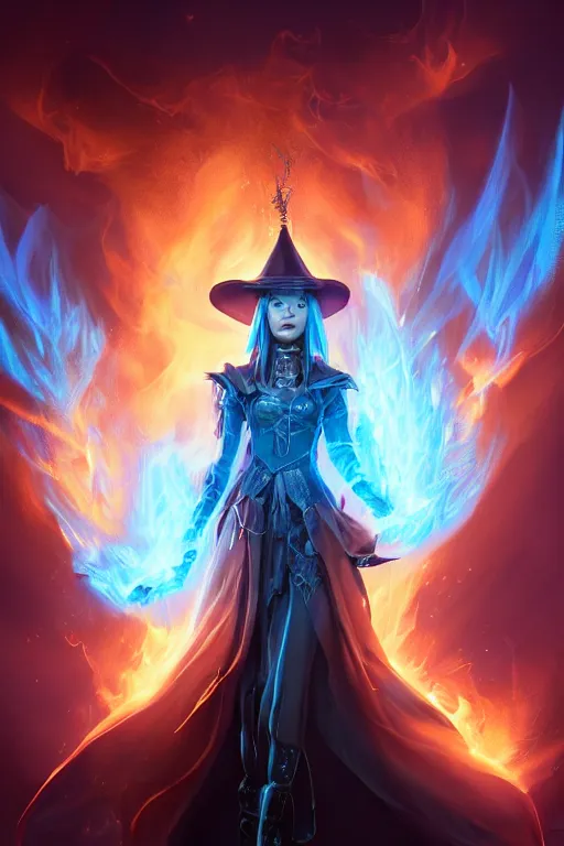 Image similar to a fancy portrait of a beautiful dark magician girl wearing a large witches hat covered in light blue flames flames by Greg Rutkowski, Sung Choi, Mitchell Mohrhauser, Maciej Kuciara, Johnson Ting, Maxim Verehin, Peter Konig, final fantasy , mythical, 8k photorealistic, cinematic lighting, HD, high details, atmospheric,