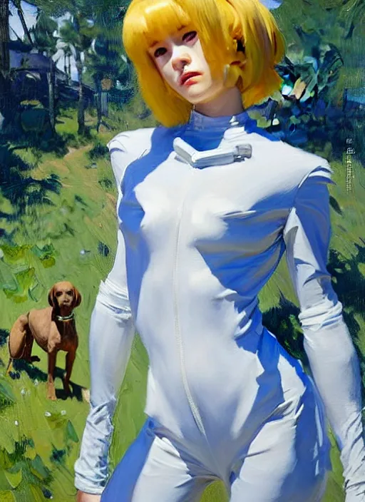 Prompt: Greg Manchess painting of Rei Ayanami in Jumpsuit out with the dogs, countryside, fantasy character portrait, dynamic pose, above view, sunny day, thunder clouds in the sky, artwork by Jeremy Lipkin and Giuseppe Dangelico Pino and Michael Garmash and Rob Rey, very coherent asymmetrical artwork, sharp edges, perfect face, simple form, wacky, 100mm