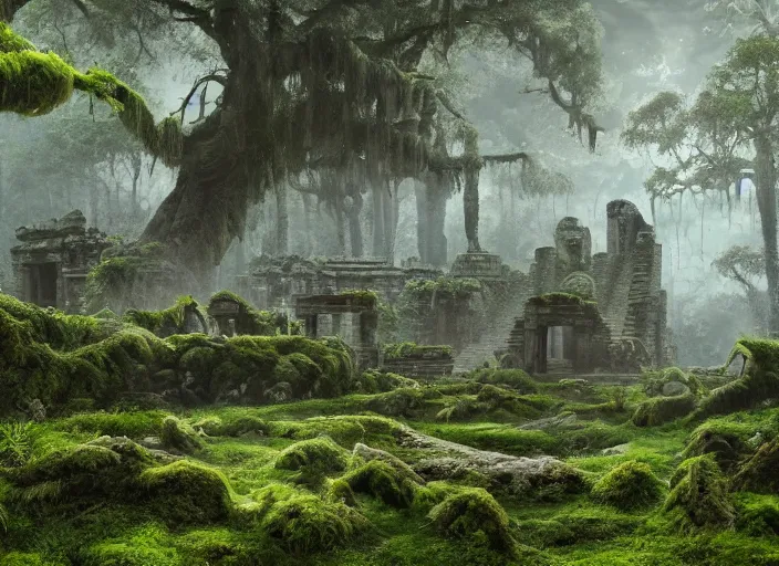 Prompt: A very detailed matte painting of mysterious ancient temple ruins overgrown with moss, lush plants, verdan trees, breathtaking, hyper-realistic, volumetric lighting, 4k resolution, digital art, trending on Artstation