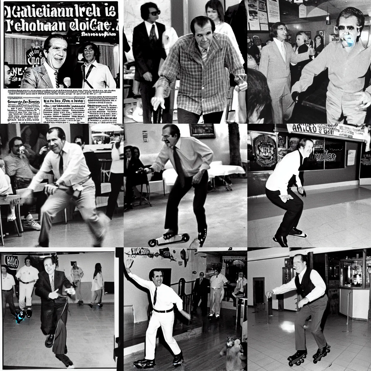 Prompt: Photo of President Nixon rollerblading in a Mexican restaurant, award-winning front-page newspaper, grainy, 1970s,