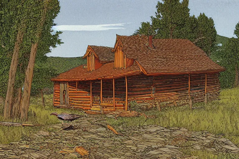 Image similar to country road cabin goose by moebius