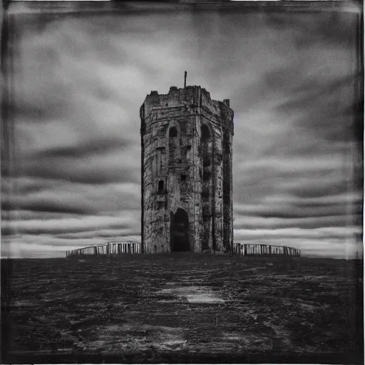 Prompt: liminal space, empty, dark, a tower in a tempest, meditation on death