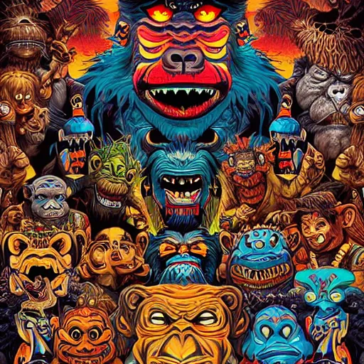 Image similar to barong family, wiwek, mara demon, one single tribe member, jungle, one single mask, dark, ancient warrior, stupid silly dumb gorilla moron, fat lizard, tribal, inner glow, art by dan mumford and justin gerard