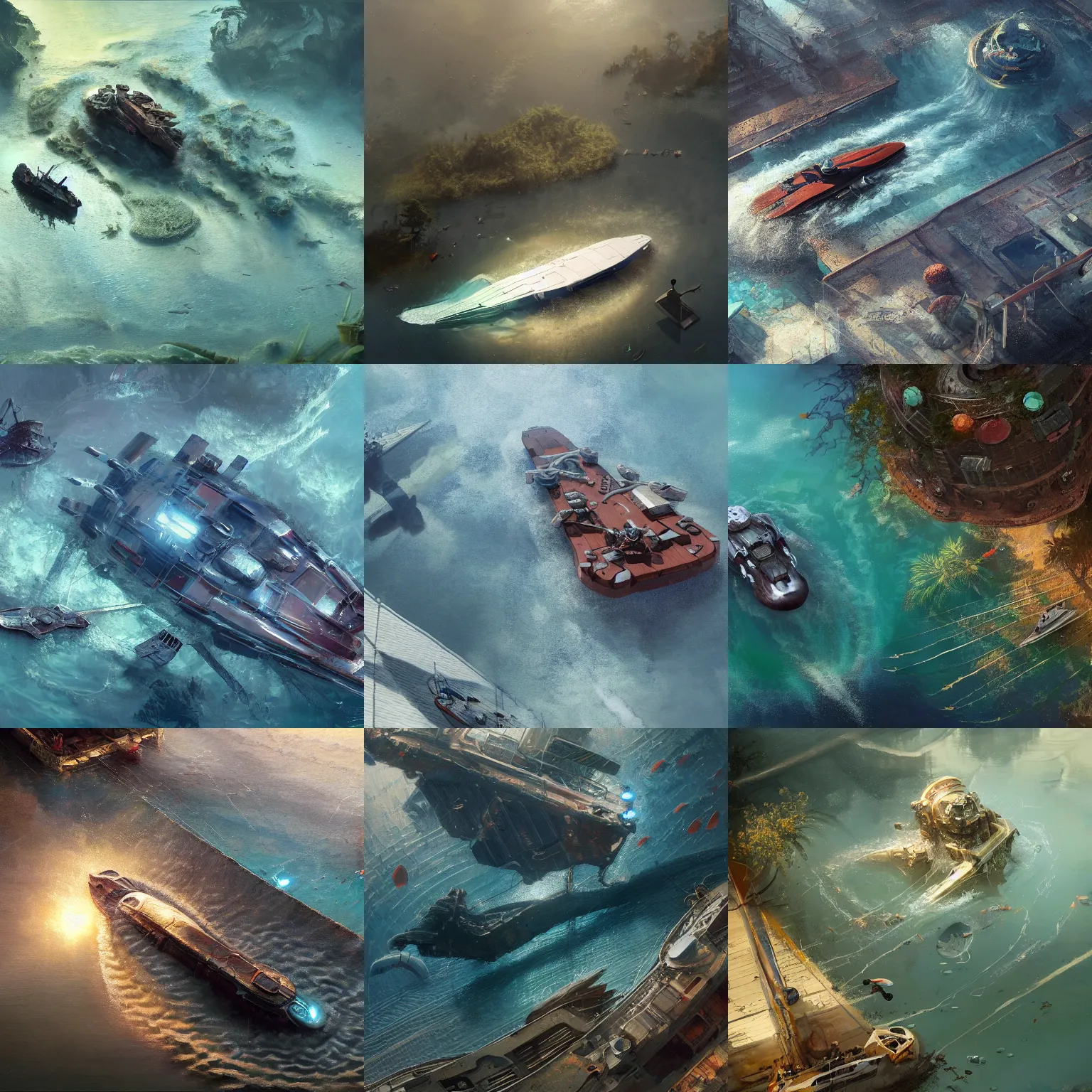 Prompt: an aerial view of a body of water with a, enormous scale humanoid robot laying in the water partially submerged and a small scale boat speeding across the water, a detailed matte painting by craig mullins, artstation contest winner, action painting, reimagined by industrial light and magic, artstation hd, concept art