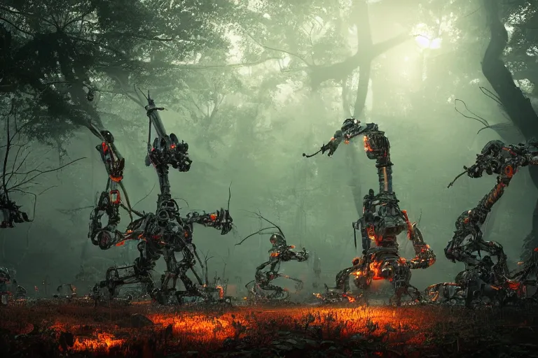 Prompt: 1 0 0 0 0 robots fightin in the forest, hyper realistic, ambient lighting, concept art, intricate, hyper detailed, smooth, dynamic volumetric lighting, octane, raytrace, cinematic, high quality, high resolution, 4 k, cgsociety, rutkowski, gurney, h. r. giger