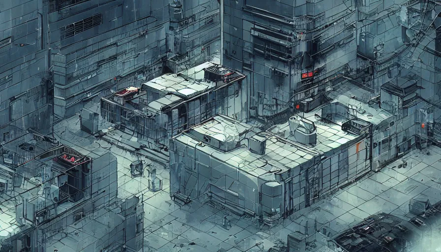 Prompt: Concept Art Illustration of neo-Tokyo Maximum Security Bank, in the Style of Akira, Syndicate Corporation, Anime, Dystopian, Highly Detailed, Helipad, Special Forces Security, Blockchain Vault, Searchlights, Shipping Docks, Inspired by MGS2 + Ghost in the shell SAC + Cowboy Bebop :2 by Katsuhiro Otomo : 8