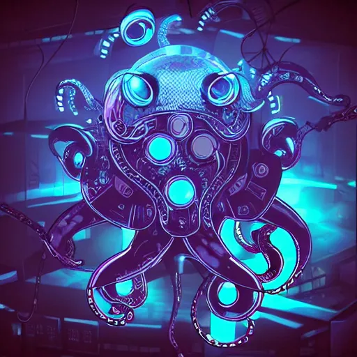 Image similar to cyberpunk octopus with headphones playing synthesizers, lights, lasers, music, highly detailed, realistic,