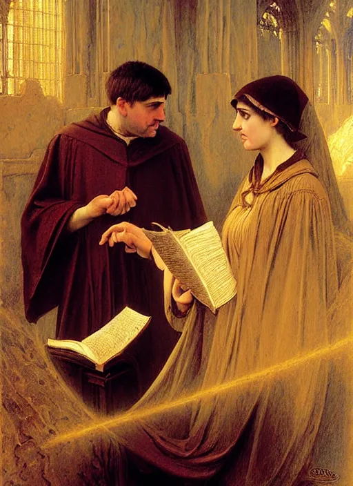 Image similar to dante and beatrice speak to the teachers of wisdom thomas aquinas from dante's divine comedy. highly detailed painting by gaston bussiere, craig mullins, j. c. leyendecker 8 k