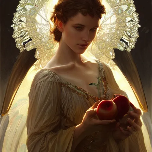 Prompt: portrait of the angel of apples, D&D, fantasy, intricate, elegant, highly detailed, digital painting, artstation, concept art, smooth, sharp focus, illustration, art by artgerm and greg rutkowski and alphonse mucha