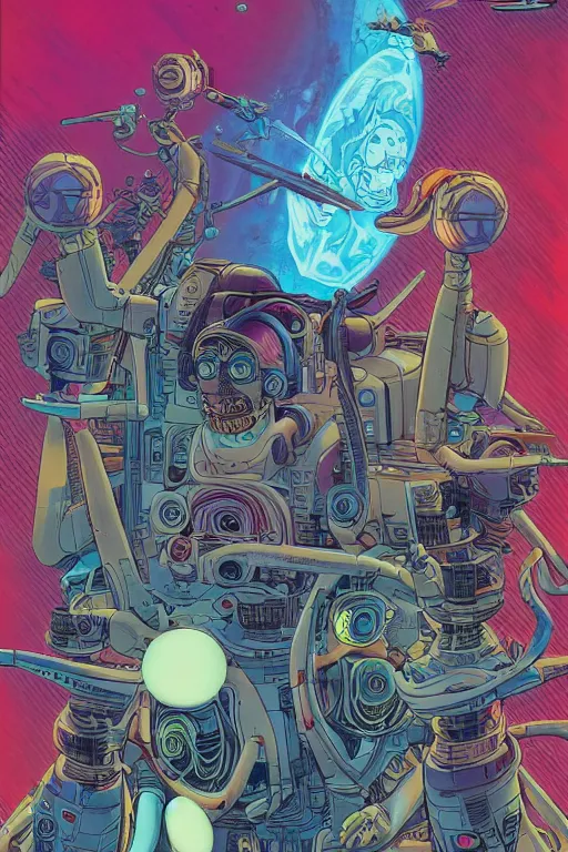 Image similar to Rick and Morty, science fiction, retro cover, high details, intricate details, by vincent di fate, artgerm julie bell beeple, 60s, inking, vintage 60s print, screen print