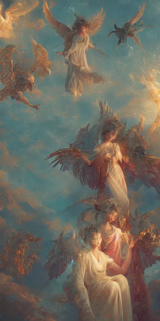 Image similar to breathtaking detailed concept art painting of angels in heaven, holy, ornate background, by hsiao - ron cheng, extremely moody lighting, 8 k