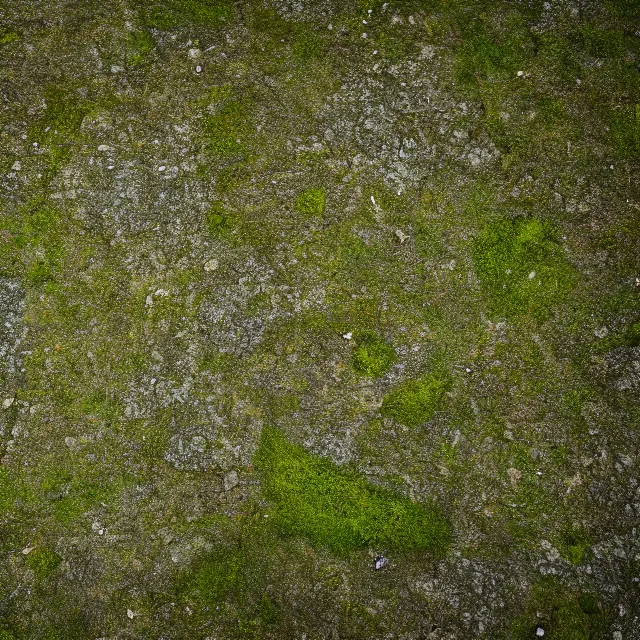 Prompt: Photo of mossy stone pavement shot from tripod above