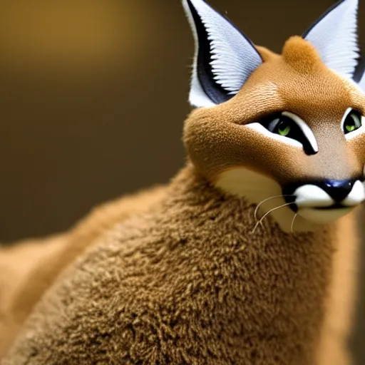 Image similar to a cinematic film still of a claymation stop motion film starring cute fluffy caracal, shallow depth of field, 8 0 mm, f 1. 8