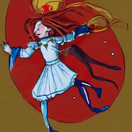 Image similar to action shot of alice from wonderland kicking the head of the red queen like a soccer ball the red queen has comical exes for eyes and her tongue is hanging out, illustration from a children's book, illustration in watercolor