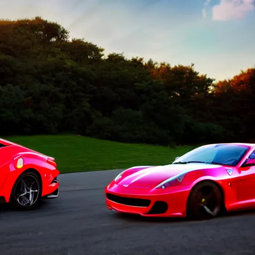 Image similar to cinematic fast sportscar reminiscent of ferrari and porsche in a lush field, shiny, red, beautiful lighting, photorealistic, sharp, sunset, by scott robertson