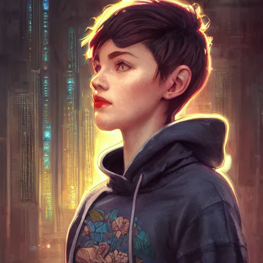 Image similar to character portrait of a 1950s girl in a hoodie, pixie cut, dystopian cyberpunk steampunk soviet mood, intricate, wild, highly detailed, digital painting, artstation, upper body, concept art, smooth, sharp focus, illustration, art by artgerm and greg rutkowski and alphonse mucha