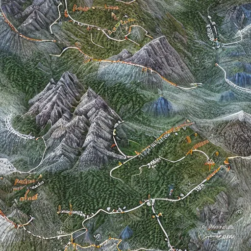 Prompt: topview mountain map alps, miniature photography closeup, h0, 1:87, mountains, rocks, highly detailed, satellite image, game map, anno 1404, civilization, by tim hildebrandt, by rhads, megascans texture