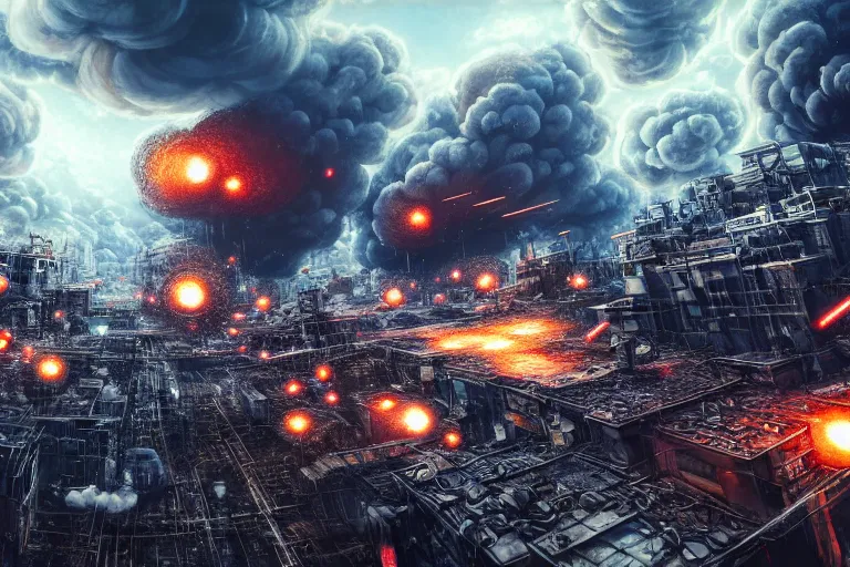 Prompt: hyper detailed mushroom! clouds! explosions formed by h - bombs! detonations in the middle of tokyo, raising between the buildings, highly detailed, devastation, concept art, smooth, sharp focus, modern war photography, awarded photography, futuristic style, popular on artstation, unreal engine, drone shot, nvidia graphics,.