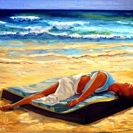 Prompt: sleeping on the beach realism