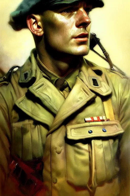 Image similar to hyperrealist portrait of a ww 2 soldier by jeremy mann and alphonse mucha, fantasy art, photo realistic, dynamic lighting, artstation, poster, volumetric lighting, very detailed faces, 4 k, award winning