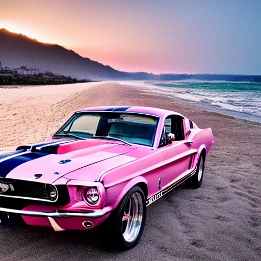 Prompt: long shot of 1967 Ford mustang Shelby GT500 in pink color at sunset in front a beach, 8k, amazing reflection from the car, UHD Photography