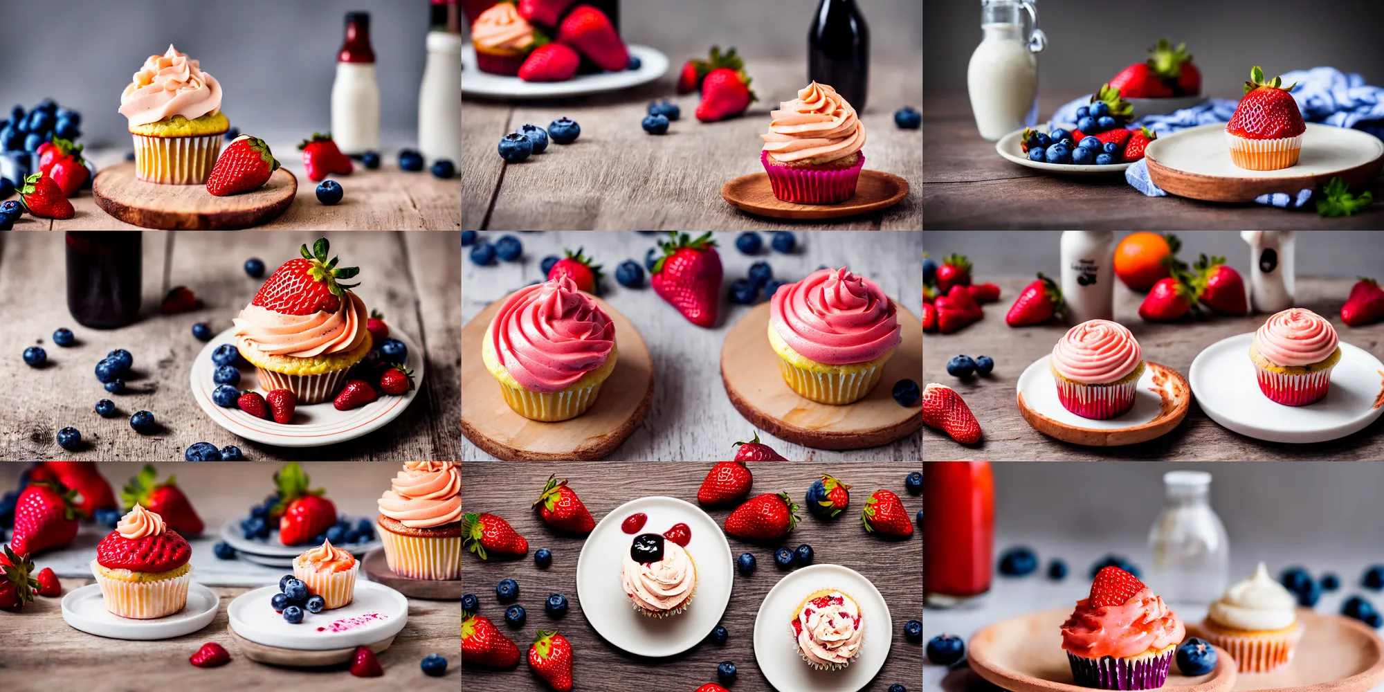 Prompt: dslr food photography of a single strawberry cupcake, on a wooden plate, with white - orange - striped creme topping and a bottle of blueberry sauce on the side, macro shot, hasselblad, 1 0 0 mm f 1. 8, dimmed lightning