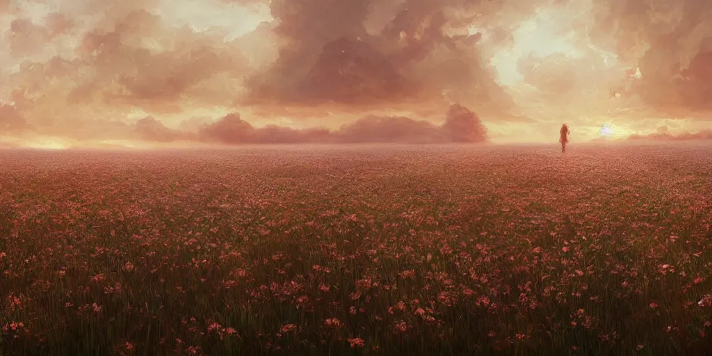 Image similar to concept art of a white flower field stained in blood, dramatic, epic painting, sunset skies, painting by wlop, nixeu and greg rutkowski, beautiful, semirealism, artstation, octane render, oil painting, sharpness, 8 k, golden ratio