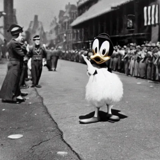 Image similar to historic colorized photograph of donald duck at a nazi parade in 1 9 3 6