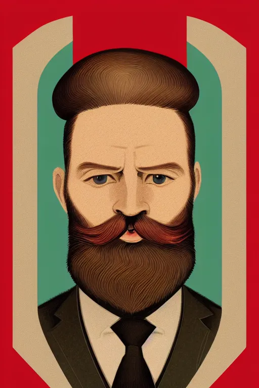 Image similar to an illustration of a portrait of a respectable dignified 1 9 3 0's era mennonite preacher with kind eyes and trimmed red beard and conservative haircut in the style of art - deco artwork art by kyle ferrin and loish!, digital art, highly detailed, intricate, sharp focus, trending on artstation hq, deviantart, 4 k uhd image