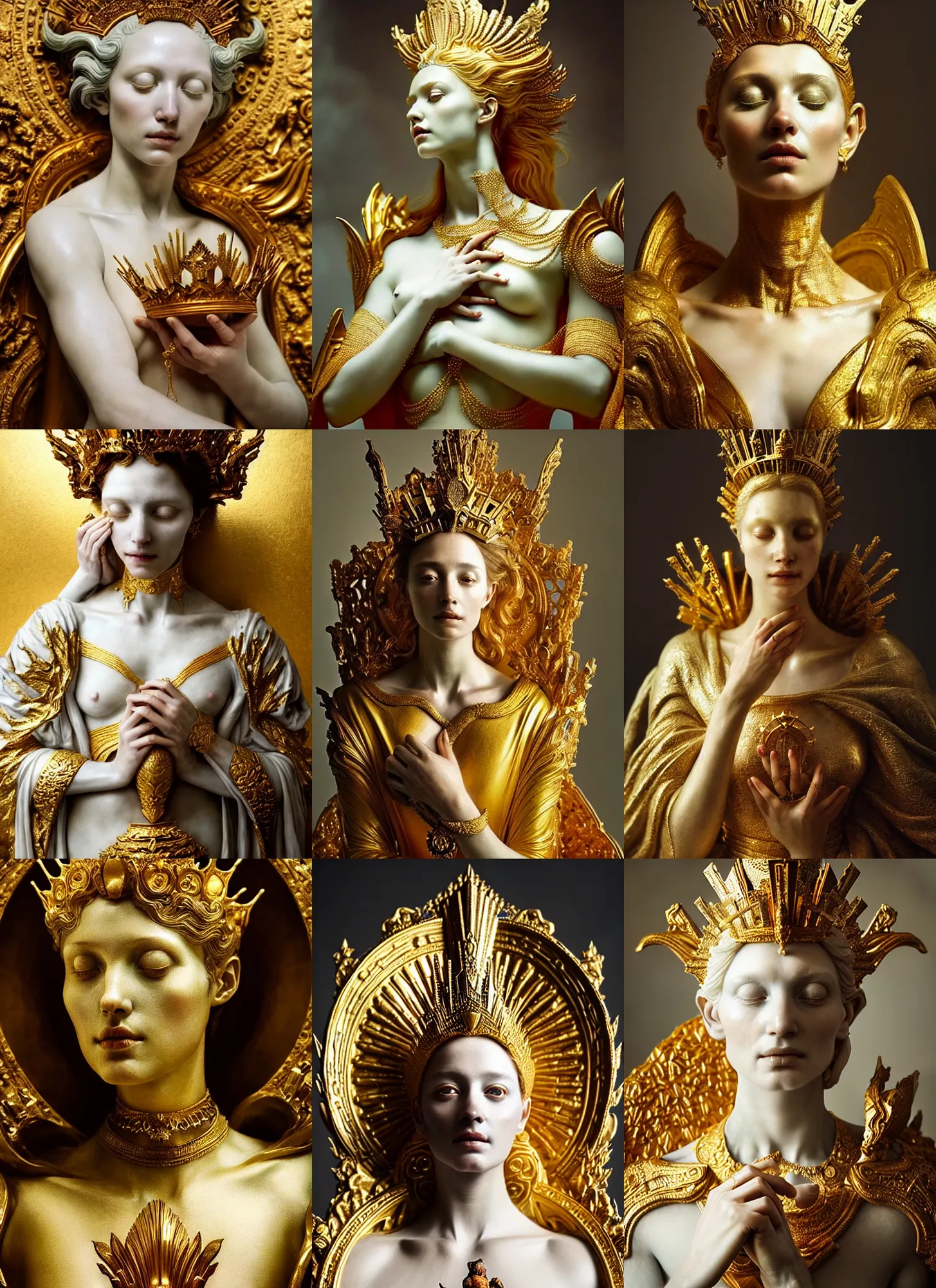 Prompt: beautiful closeup portrait of a ethereal lady with a gold throne, marble sculpture by greg rutkowski, josan gonzalez, rodin, michelangelo, cinematography by christopher nolan, imaginative, creative, emotion : madness