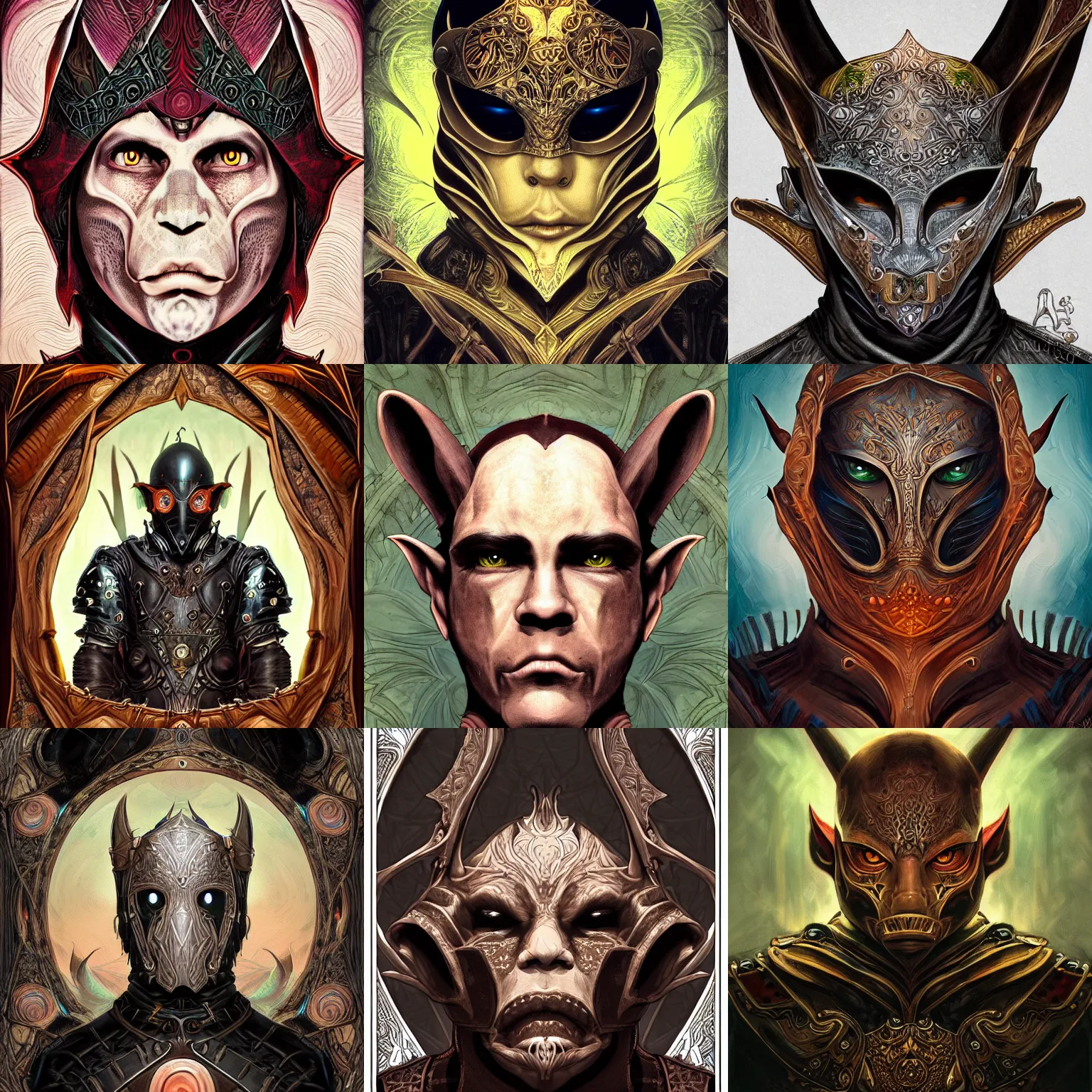 Prompt: head-on symmetrical centered painted portrait, male goblin assassin, black leather armour, art nouveau, tarot card style, complex fractal tarot card background, fantasy, intricate, elegant, highly detailed, smooth, sharp focus, illustration, artstation, in the style of Artgerm and Anna Podedworna and Alex Ross and Mucha