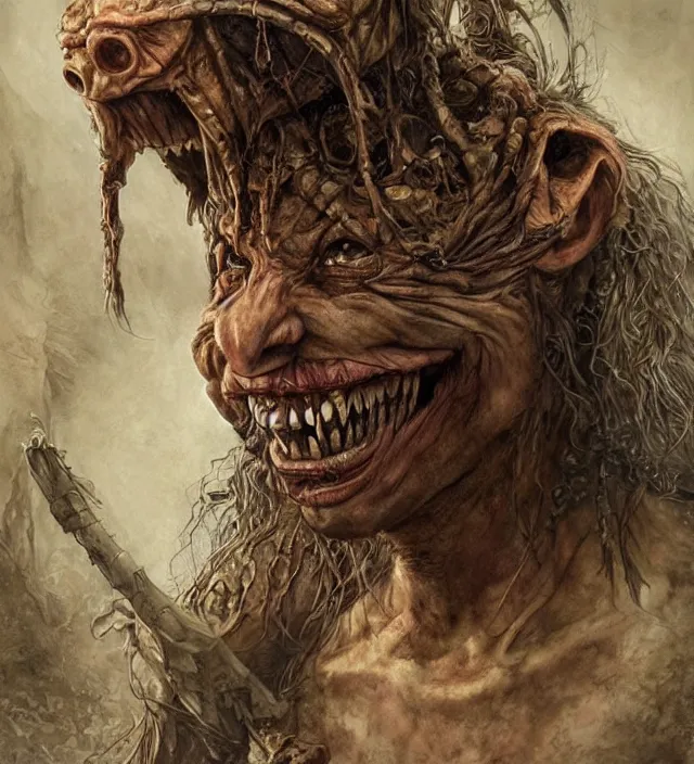 Image similar to hyper realistic portrait of postapocalyptic evil smiling grining elf goblin, cinematic, symmetric, dark crystal, alan lee, jean baptiste monge, scott radke