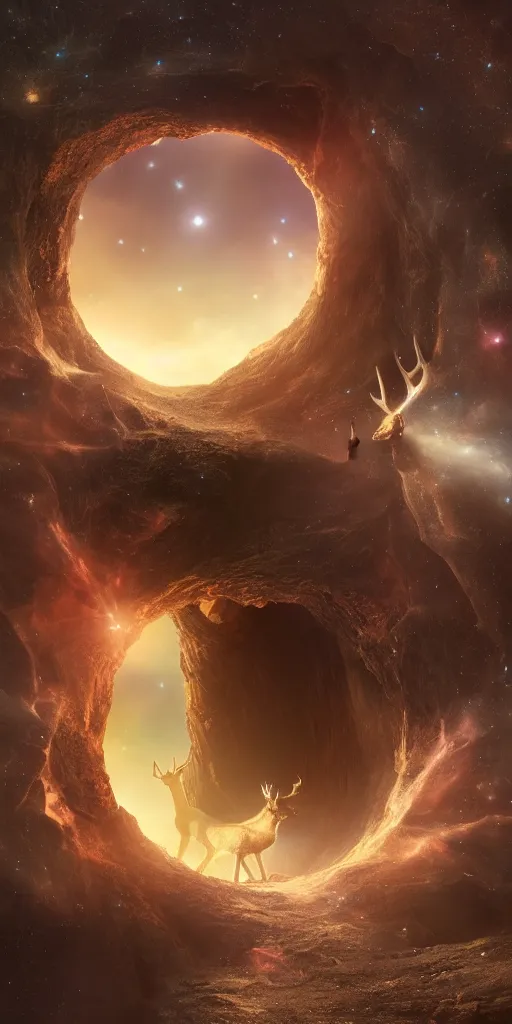 Prompt: a wide shot of a deer peering into a giant portal into the universe in the shape of a keyhole to the nebulae and galaxies, an eagle flying, beautiful matte painting by weta workshop 4 k, cinematic dramatic atmosphere, dramatic lighting, trending on artstation