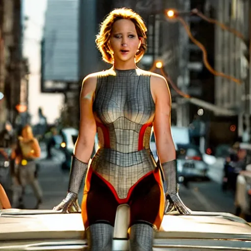 Image similar to Jennifer Lawrence as spidergirl, an film still, movie Hollywood