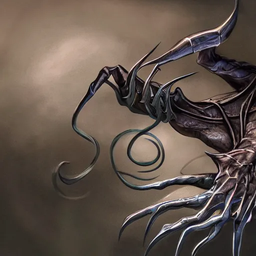 Prompt: concept art of sliver creature, mtg, hyper realistic, fantasy, tendrils, one claw