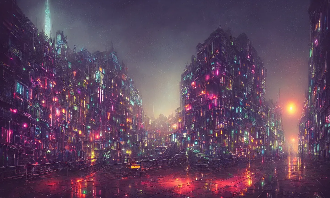 Prompt: low angle colorful photograph of a futuristic city, science fiction, night lights, beautifully lit buildings, mystic hues, distant, sharp focus, volumetric lights, digital art, RTX, hyperrealistic, cinematic, acid pixie, by lee madgwick