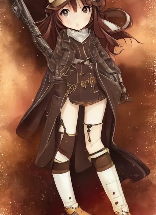 Image similar to girl with steampunk weapons and uniform, serious, intense, finely detailed, made by artgerm, full body portrait, illustration, snow, snowing, cloudy, anime, side view, perfect anime face, realistic face, zoomed out, smooth, brown eyes, high waisted shorts, sharp focus