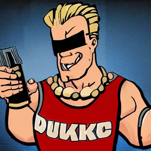 Image similar to Duke Nukem with a plate of mashed potatoes, red shirt, smug look, Duke Nukem art style